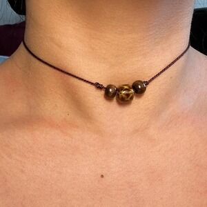 Handcrafted Ceramic Pendant Necklace Wood Bead Boho Adjustable Cord Brown Earthy